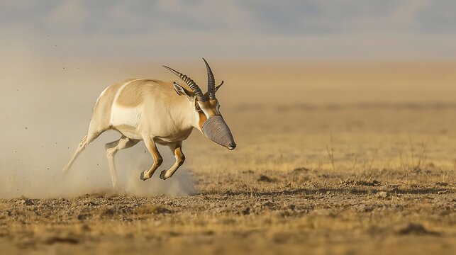 Regal Saiga Antelope running across the vast Central Asian steppe its unique nose adapted to filter dust from the air