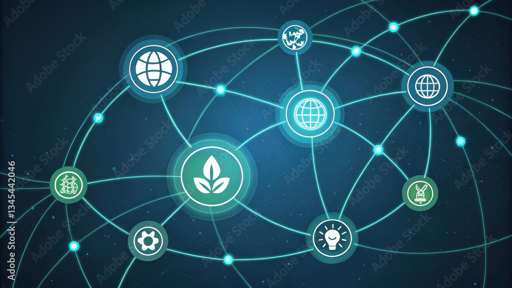 Poster glowing network of interconnected nodes with various icons representing global connectivity, sustain