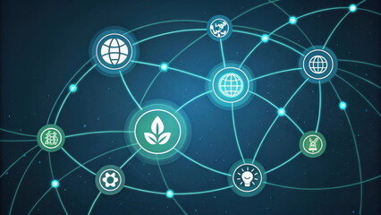 glowing network of interconnected nodes with various icons representing global connectivity, sustainability, and innovation. design is futuristic and digital