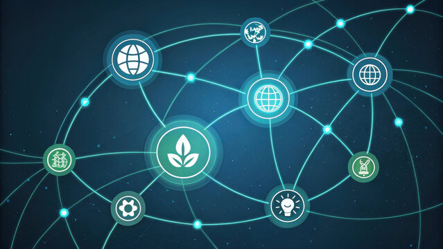 glowing network of interconnected nodes with various icons representing global connectivity, sustainability, and innovation. design is futuristic and digital
