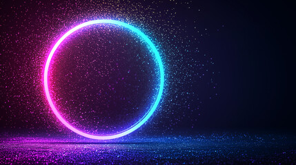 A glowing neon circle with a gradient transitioning from pink to blue, surrounded by shimmering particles, set against a dark background. Ideal for futuristic or abstract designs.