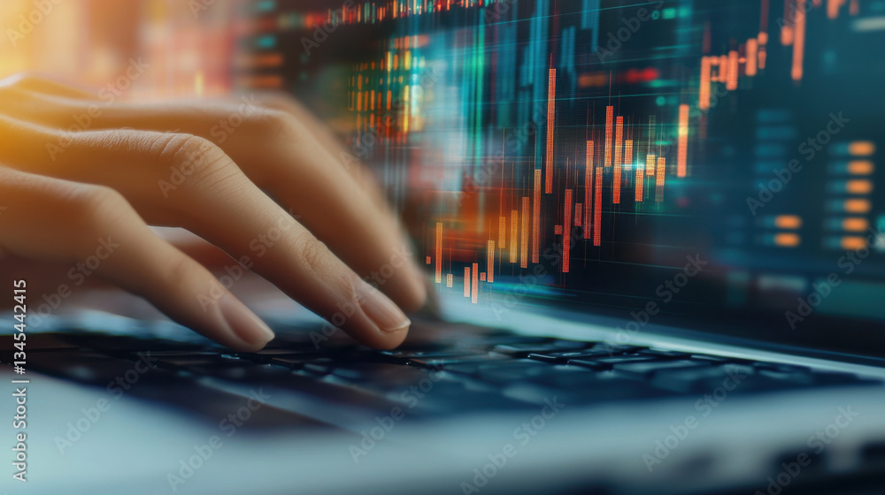 Poster close up of hand typing on laptop with financial graphs on screen, indicating data analysis and mark