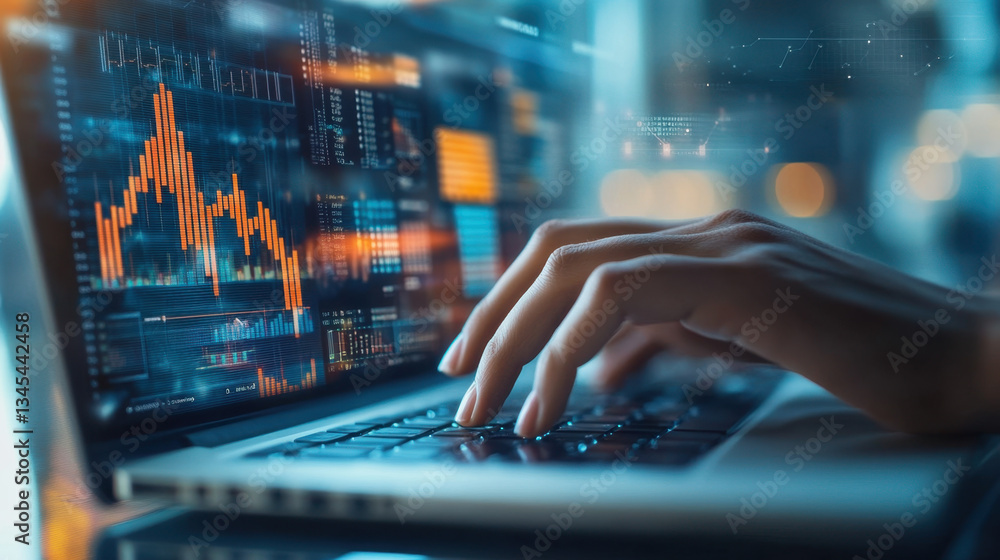 Poster close up of hand typing on laptop with financial graphs on screen, indicating data analysis and busi