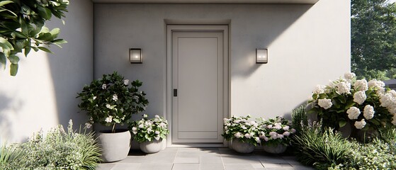 Naklejka premium Modern House Entrance with Lush Greenery and Lighting