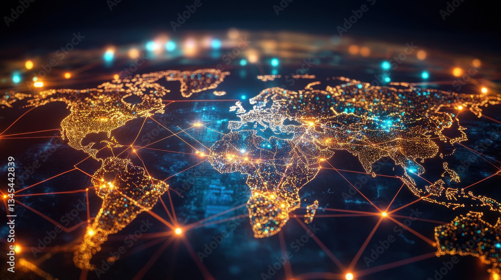 Poster digital map of world with glowing lines connecting continents, illustrating global connectivity and 