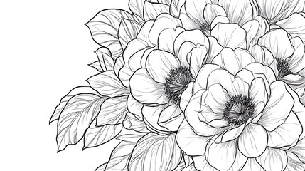 Monochrome Anemone Flower Bloom Arrangement on White Backdrop Botanical Design Illustration