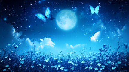 Magical night scene with two blue butterflies flying over a field of flowers under a full moon and starry sky.