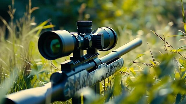 Rifle with a Scope and Suppressor in the Green Grass Field, Close-up Aiming