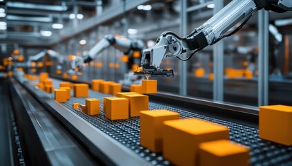Naklejka premium Automated Production Line with Robots