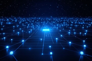 Futuristic glowing digital network with blue connections and data nodes.