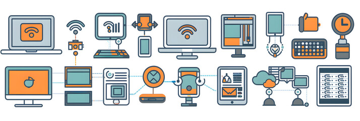 Minimalistic Vector Icons of Technological Devices and Symbols for Digital Interfaces