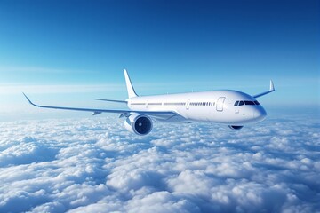 Fototapeta premium White commercial airplane flying above clouds in blue sky.