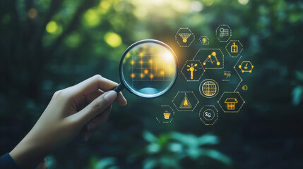 hand holds magnifying glass over digital interface with icons representing technology and innovation, set against blurred natural background. scene conveys sense of exploration and discovery