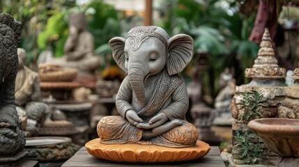 Obraz premium A stone statue of an elephant in a seated lotus position