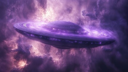 Obraz premium A large disc shaped spacecraft is floating in a violet sky