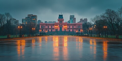 Fototapeta premium Casa rosada reflecting on wet plaza de mayo at dusk in buenos aires