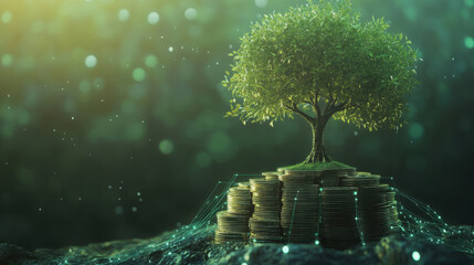 tree grows from stack of coins, symbolizing financial growth and sustainability. background features digital, data driven aesthetic, enhancing futuristic theme
