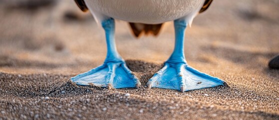 Vibrant blue feet of a seabird standing on sand
