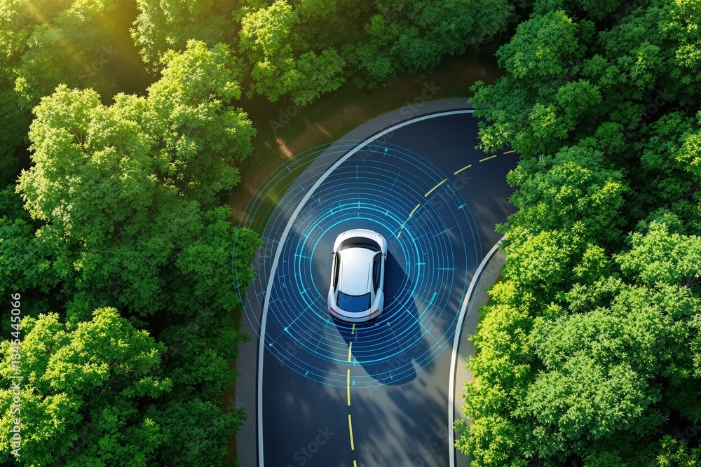 Poster autonomous car with digital sensor graphics on curved road in forest.