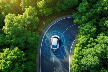 Autonomous car with digital sensor graphics on curved road in forest.