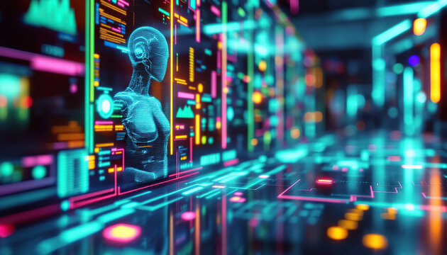 A futuristic hologram female figure displays technological data analysis