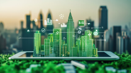 digital tablet displays futuristic cityscape with green skyscrapers, symbolizing sustainable urban development and technology integration. Icons represent eco friendly innovations