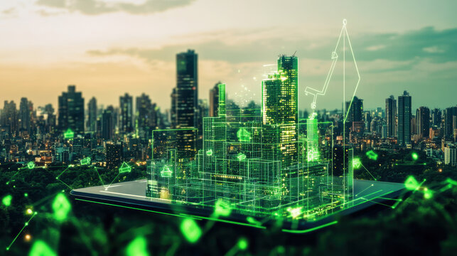 digital cityscape with green holographic buildings emerges from tablet, symbolizing futuristic technology and urban innovation. scene conveys sense of progress and connectivity
