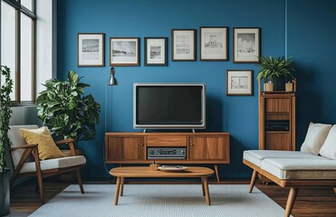 A blue living room wall with wooden furniture, a sofa, and a coffee table. The walls have pictures on them.