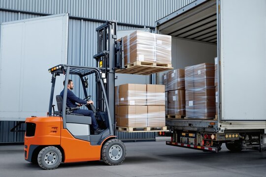 Warehouse worker operating forklift to load cargo onto truck.