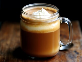 Creamy Coffee in Mason Jar for Dark Background.