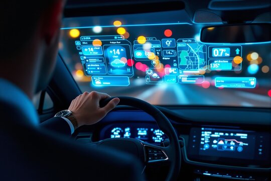 Futuristic car interior with augmented reality dashboard at night. - Powered by Adobe