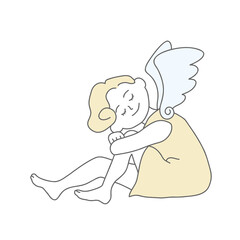 体育座りしてこちらを見ている天使のイラスト