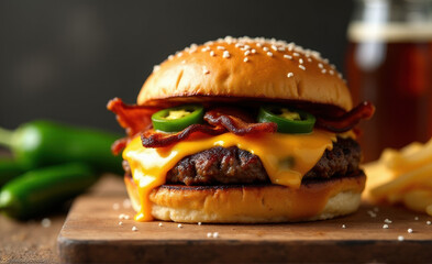 hamburger on a wooden background green chile bacon burger