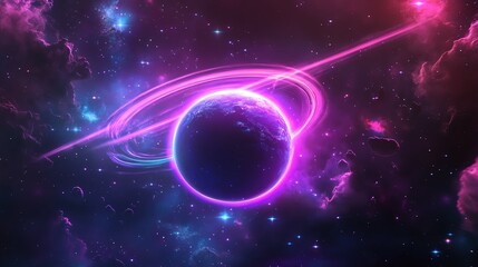 Obraz premium A surreal space scene with a ringed planet glowing in neon purple and cyan, cosmic dust swirling around, bright distant galaxies, deep shadows, ultra-realistic 4K HD