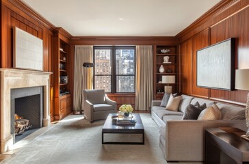 A living room with an elegant sofa, armchairs, and coffee tables in light gray fabric, with soft colors and wooden panels on the walls, and a marble fireplace.
