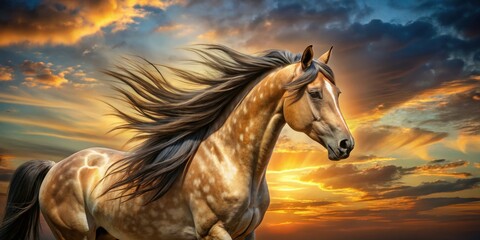 A dappled buckskin Quarter Horse stallion's silhouette against a fiery sunset.