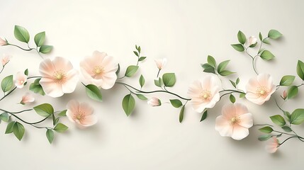 Fototapeta premium A delicate arrangement of soft pink flowers and green leaves on a light background.