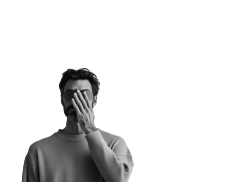 Man Covering Eye in Minimalist Black and White Portrait