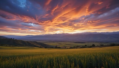 Obraz premium Dramatic Sunset Sky Over Wheat Field and Mountain Valley