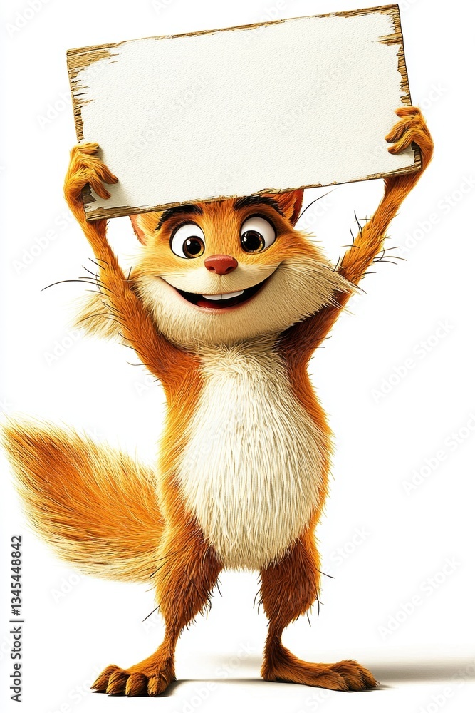 Poster cheerful fox holding blank sign forest setting animated character playful environment front view fun
