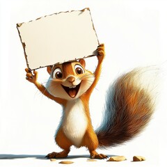 Cheerful squirrel holding blank sign forest clearing cartoon character bright day playful vibe