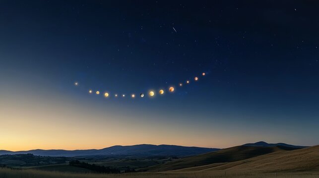 Seven planets align in a glowing arc, inspiring celestial wonder and cosmic harmony.
