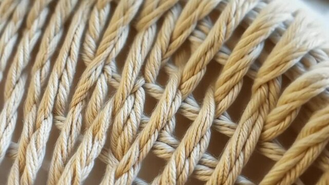 Close Up of Cream Colored Woven Rope Texture Background. Detailed view of intricately braided off-white cords creating a complex seamless pattern ideal for design projects and textile art
