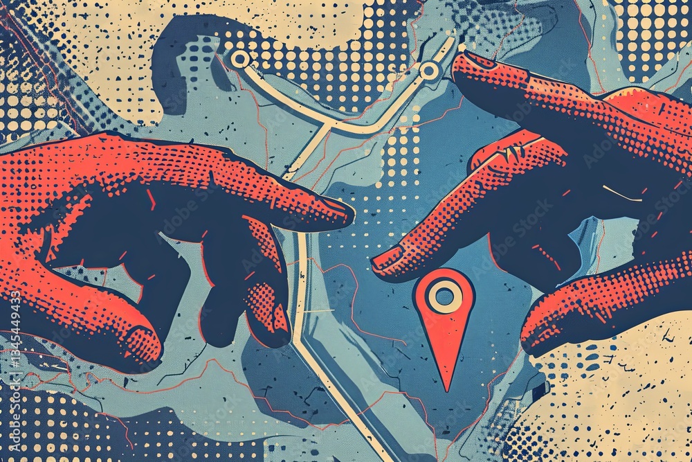Leinwandbilder hands navigating a trendy halftone collage with gps location points for transport and travel generat