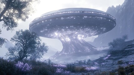 Obraz premium A large otherworldly spacecraft hovers over a misty mountain landscape