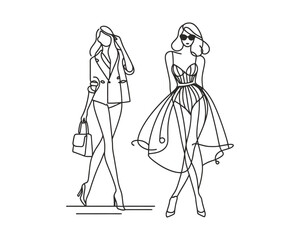 Fashion girl line drawing vector logo design template
