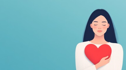 A young woman hugging a heart-shaped pillow, symbolizing self-love. Relaxation and inner peace. Being alone with a strong and resilient mind.