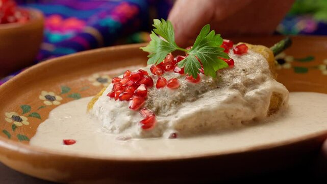 Hands of a Mexican woman place a clay plate with a Chile en nogada decorated with pomegranate seeds and a parsley leaf on top