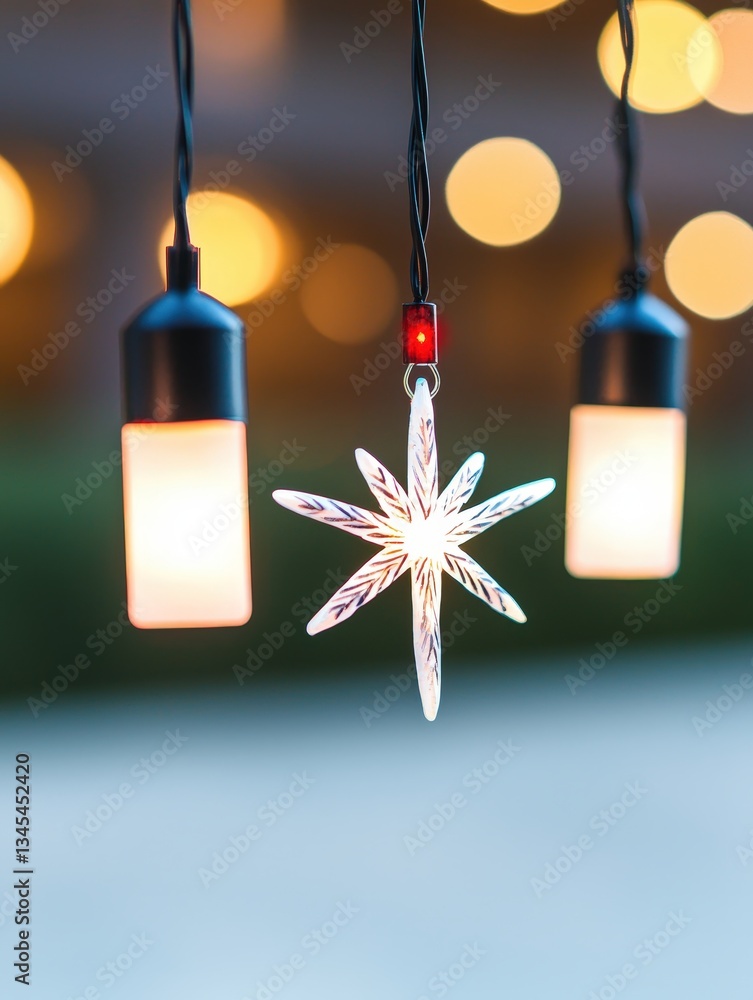 Poster a shiny star hanging from a string in a softly lit room creating a cozy and magical ambiance