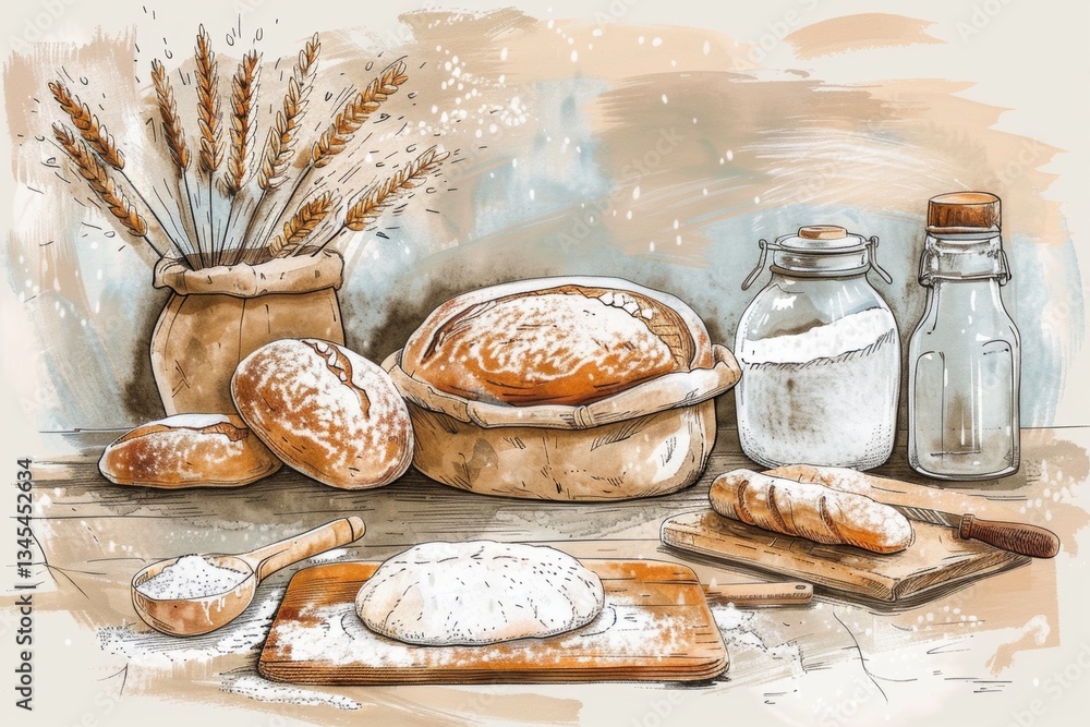 Poster explore the art of bread making with flour, dough, and traditional tools for a hands-on baking exper